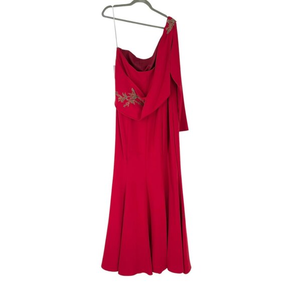 NWT Marchesa Notte Red One-Shoulder Embellished Stretch Crepe Gown - Picture 4 of 16